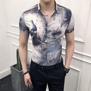 Engeland Mannen Barokke Shirts Korte Mouw Casual Slim Fit Dress Shirts Zomer Pauw Overhemd Streetwear Club Sociale Tuxedo Shirts