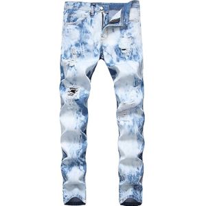 Mannen Lichtblauw Tie En Geverfd Sneeuw Gewassen Denim Jeans Streetwear Gaten Ripped Slim Straight Broek