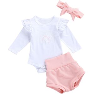 3Pcs Baby Meisjes Vallen Outfits Lange Mouwen Ruffle Romper + Roze Shorts + Hoofdband Set Lente Herfst Borduren Rainbow kleding