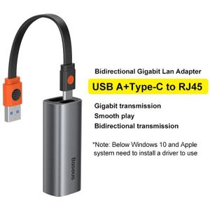 Baseus Usb Ethernet Adapter 2 In 1 Usb Type C Naar RJ45 Netwerkkaart Hub 1000Mbps Voor Macbook Pro mi Box 3 Schakelaar RJ45 Lan