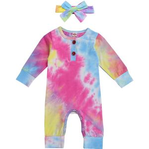 2Pcs Baby Meisjes 0-18M Vallen Kleren Lange Mouwen Tie Dye Print Romper Met Hoofdband Outfits