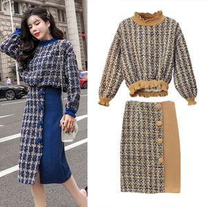 Runway Style 2 Stuk Vrouwen Herfst Winter Twinsets Losse Tweed Plaid Sweatshirts Tops En Slim Spliced Dames Rok Past NS397