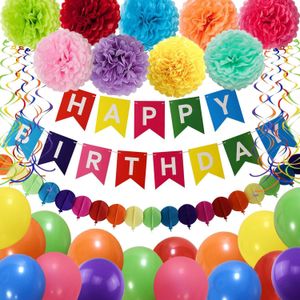 Colorful Happy Birthday Hanging Banner Tissue Paper Pom Poms Garland Balloon Baby Shower Celebration Party Decorations