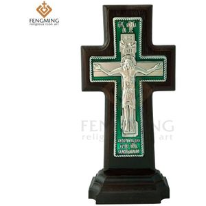orthodoxe Cross eiken Hout Christian Metalen Kruisbeeld op de tafel religieuze icoon doop