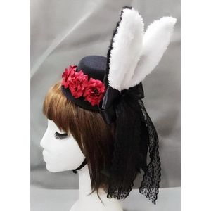 Vrouwen Pluche Fluffy Bunny Konijnenoren Mini Top Hat Kostuum Rose Bloem Kant Accessoire Halloween Dress Up