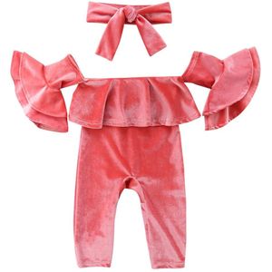 Herfst Peuter Baby Meisje Off Shoulder Romper 2 stks Flare Mouw Fluwelen Roze Jumpsuits Verstoorde Romper + hoofdband 0-5 t