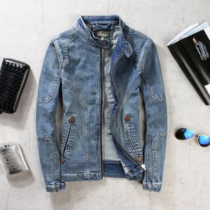 Stiksels Denim Jas Heren Slanke Stand Retro Motorfiets Kleding, mode Jeugd Effen Kleur Korte Denim Jasje Top