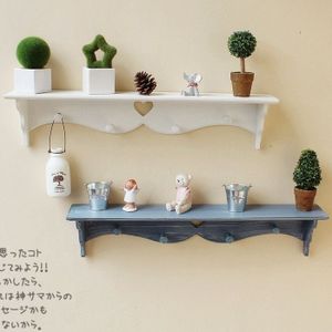 Amerikaanse Stijl Houten Wandrek Opbergrek met 4 Haak Opslag Plank Wit of Blauw Muur & Home Decor