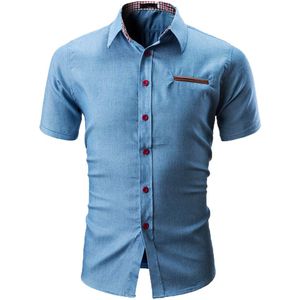 Casual slim fit denim kleur shirt Mannen zomer korte mouwen streetwear blouse Mannelijke katoen sociale shirts F1