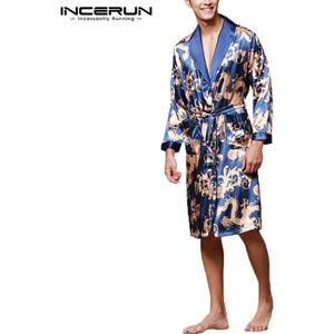 Incerun Mannen Pyjama Gewaden Kimono Lange Mouw Badjas Chinese Stijl Gedrukt Nachtkleding Mode Zachte Nachtjapon Mannen Homewear