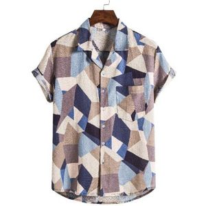 Zomer Heren Shirt Korte Mouw Stand Kraag Geometrische Print Blouse Beach Hawaiian Shirt Mannen Streetwear