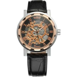 Winnaar Horloge Rose Gloden Romeinse Cijfers Gear Reverse Zwarte Lederen Band Mannen Mechanisch Horloge