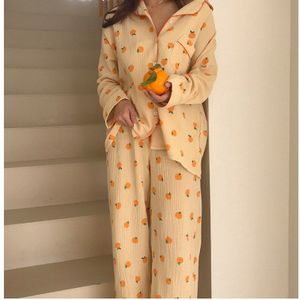 Zoete Oranje Gedrukt Pyjama Vrouwen Katoen Koreaanse Japanse Nachtkleding 2 Stuks Turn-Down Kraag Casual Homewear Shirt + Broek suir S666