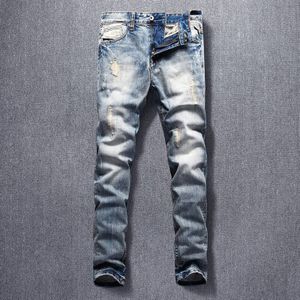 Italiaanse Stijl Mode Mannen Jeans Borduurwerk Ripped Denim Broek Lichtblauw Patchwork Hip Hop Lange Broek