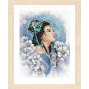Gold Collection Mooie Telpatroon Aziatische Lady in Blue Prinses Meisje Vrouw Lass en Bloemen lan 0169168