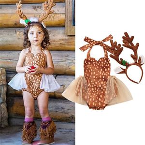 0-24M Baby Kerst Romper Peuter Mesh Patchwork Halter Deer Jumpsuit Voor Pasgeboren Baby Meisjes Playsuit Met Gewei haar Hoepel