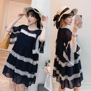 Plus Size Zwangere Vrouw Zomer Shirts Half Flare Mouwen Polka Dot Borduren Chiffon Patchwork Kant Moederschap Blouse Zoete