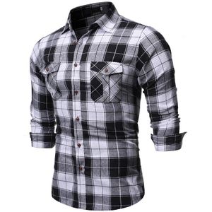 Plaid Streep patroon heren Formele Shirt Casual Revers Mannen Lange Mouwen voor Man Dubbele Zak Zwart Wit