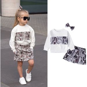 Mode Kinderen Set 1-6Y Kids Meisjes Slangenprint Outfits Losse Trui + Mini Rok + Hoofddeksels Kleding Voor Lente fall