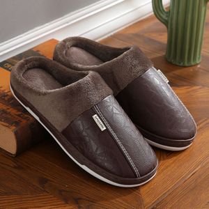 Winter Vrouwen Slippers Indoor Waterdicht Warm Slippers Thuis Bont Paar Schoenen Platte Dames Pu Leer Mannen Slipper Katoen Schoenen