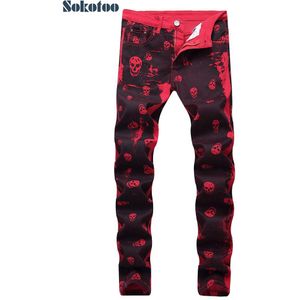 Sokotoo mannen schedel gedrukt rode denim jeans Plus size slim fit patroon geschilderd stretch broek