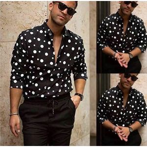 Mode Mannen Polka Dot Gedrukt Shirt Button Down Casual Slim Fit Turn-Down Kraag Lange Mouwen Zwarte Shirts