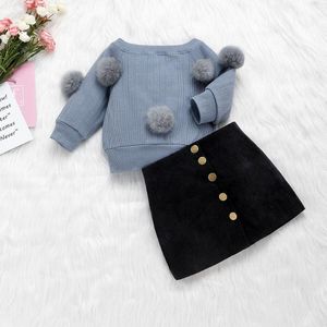 Herfst 1-6Year Kids Peuter Baby Meisje Kleding Set Lange Mouwen Gebreide Tops Trui + Knop Mini Rok Outfits