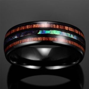 8 Mm Zwart Roestvrij Stalen Ringen Inlay Hawaiian Koa Hout En Abalone Shell Wedding Band Mannen Sieraden