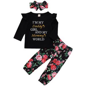Baby Baby Meisje Lange Mouwen T-shirt + Broek + Bow Hoofdband Bloemenprint Lotusblad Decoratie Lente Herfst Kleding