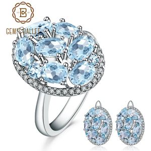 GEM'S BALLET 11.40ct Ovale Natuurlijke Sky Blue Topaz Classic Edelsteen Sieraden Sets 925 Sterling Zilveren Oorbellen Ring Set Voor Vrouwen