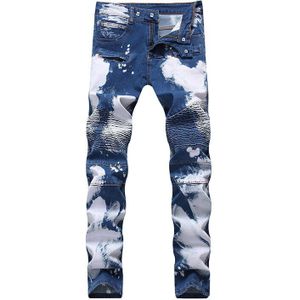 Sokotoo heren blauw wit geplooide biker jeans voor moto Plus size slim fit stretch denim broek