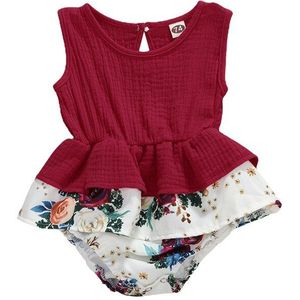 Zomer Baby Kleding Pasgeboren Baby Meisjes Bloemenprint Ronde Hals Mouwloze Romper Tutu Jumpsuit Rood/Geel