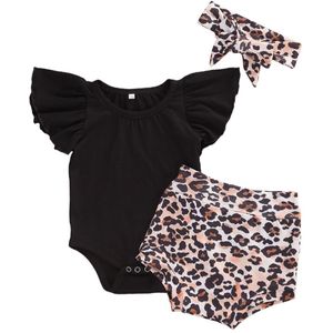 0-24M Pasgeboren Baby Baby Meisjes Jongens Kleding Sets Black Ruches Mouwen Romper Tops Luipaard Shorts Hoofdband 0-18M