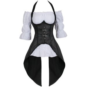 Bustier En Korsetten Sexy Outfit Vrouwen Vintage Corset Steampunk Halter Gestreepte Underbust Corset Top En Witte Blouse 2 Delige Set