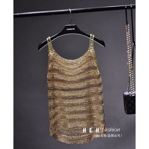 Cakucool Vrouwen Goud Lurex Tank Tops Sexy Hollow Out Knit Mouwloze Blouse Gestreepte Bohemian Strand Sliver Basic Top Camis Femme