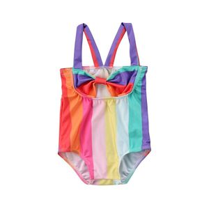 Zomer Zandstrand Leuke Kind Baby Meisje Strik Streep Regenboog Een Stuk Badpakken Badpak Badmode Badpak Beachwear