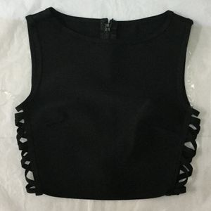 Black Tops O-hals Hollow Out Mouwloze Bandage Tops