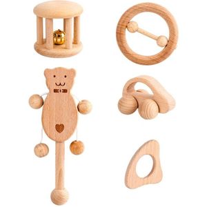 Ootdty 5Pcs Pasgeboren Baby Houten Rammelaars Speelgoed Zuigelingen Bijtring Hand Bell Peuter Vroege Educatief Muziek Speelgoed