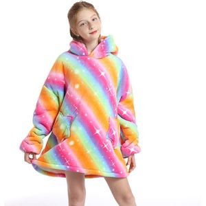 Kinderen Homewear Regenboog Eenhoorn Oversized Hoodie Sweatshirt Outdoor Pluche Fleece Sherpa Deken Meisje Nachtkleding Height120-160cm