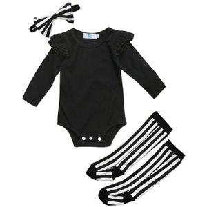 Pudcoco Meisje katoenen Bodysuit effen zwarte lange mouw Bodysuits kous Hoofdband bebe meisjes Outfits Bodysuit Kleding