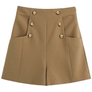 Kpytomoa Vrouwen Chic Mode Met Zakken Decoratieve Knoppen Shorts Vintage Hoge Taille Terug Rits Vrouwelijke Korte Broek Mujer