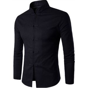 Tang Pak Casual Solid Mandarijn Kraag Lange Mouw Linnen Shirt Mannen Slim Fit Sociale Dress Shirt Wit Zwart