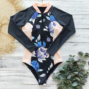 Print Bloemen Een Stuk Badpak Lange Mouw Badmode Vrouwen Badpak Retro Rits Badpak Een Stuk Surfen Zwemkleding