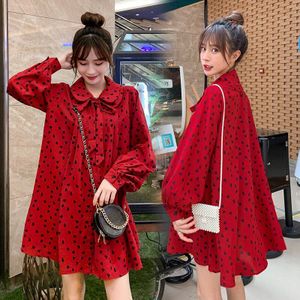 528 # Herfst Koreaanse Mode Rode Chiffon Moederschap Blouses Zoete Losse Shirts Kleding Voor Zwangere Vrouwen Herfst Zwangerschap Tops Tuniek
