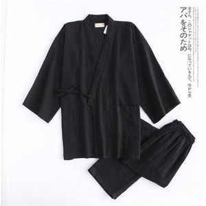 Kimono Pyjama Set Voor Samurai Mannen Katoen Traditionele Japanse Top Broek Pure Kleur Casual Ademend Yukata Nachtkleding
