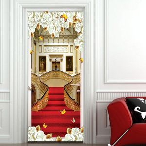 Europese Stijl Deur Sticker 3D Trappen Rode Tapijt Behang Woonkamer Hotel Home Decor Luxe Deur Decals Muurstickers