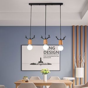 Nordic Led Gewei Hanglamp Moderne Eetkamer Woonkamer Slaapkamer Keuken Ijzer En Hout Cartoon Kinderkamer Opknoping Lamp