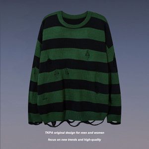 2022 High Street Ripped Trui Mannen Trendy Lui Stijl Onregelmatige Gestreepte Gebreide Trui Paar Trui Sexy Toevallige