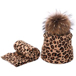 Luipaard Print Echt Bont Pompom Hoed En Sjaal Set Winter Dubbele Mutsen Skullies Hoed Voor Vrouwen Elasticiteit Warme Sjaals Pom pom Hoed