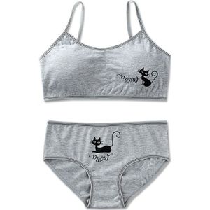 Tiener Meisjes Leuke Kat Print Ondergoed Set Cami Training Beha En Bijpassende Hipster Slipje Verwijderbare Padding Gestreepte Crop Bralette